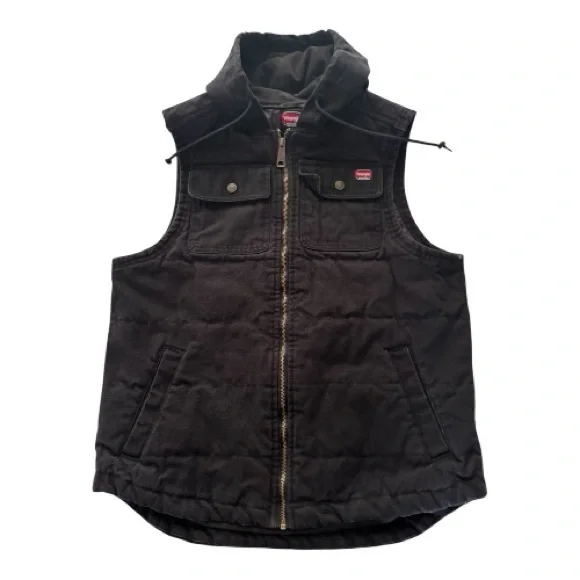 Wrangler Workwear Hooded Insulated Vest Men’s Medium Black Full Zip - Picture 2 of 9